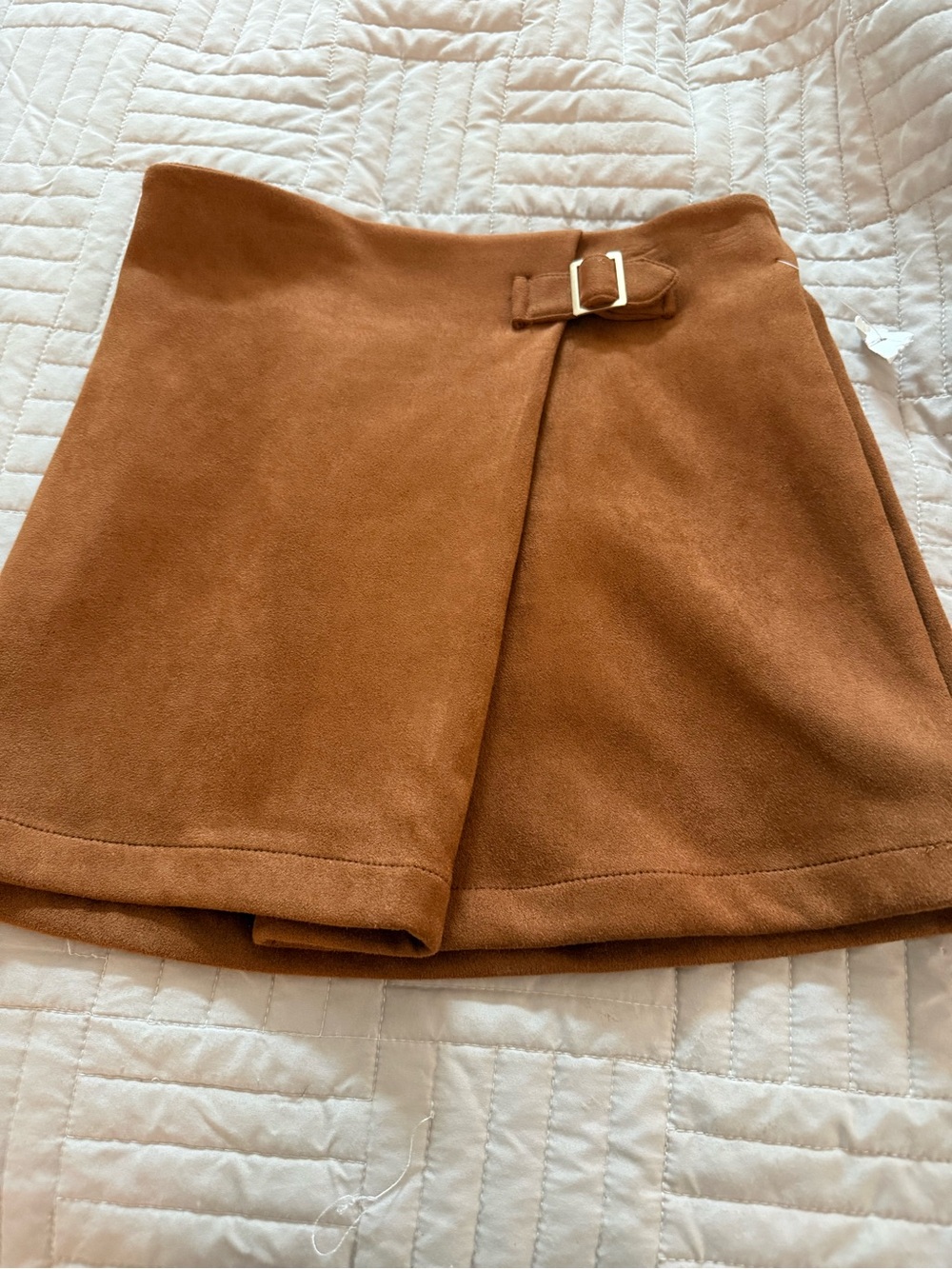 Suede-Look A-Line Mini Skirt with Buckle Detail - Brown